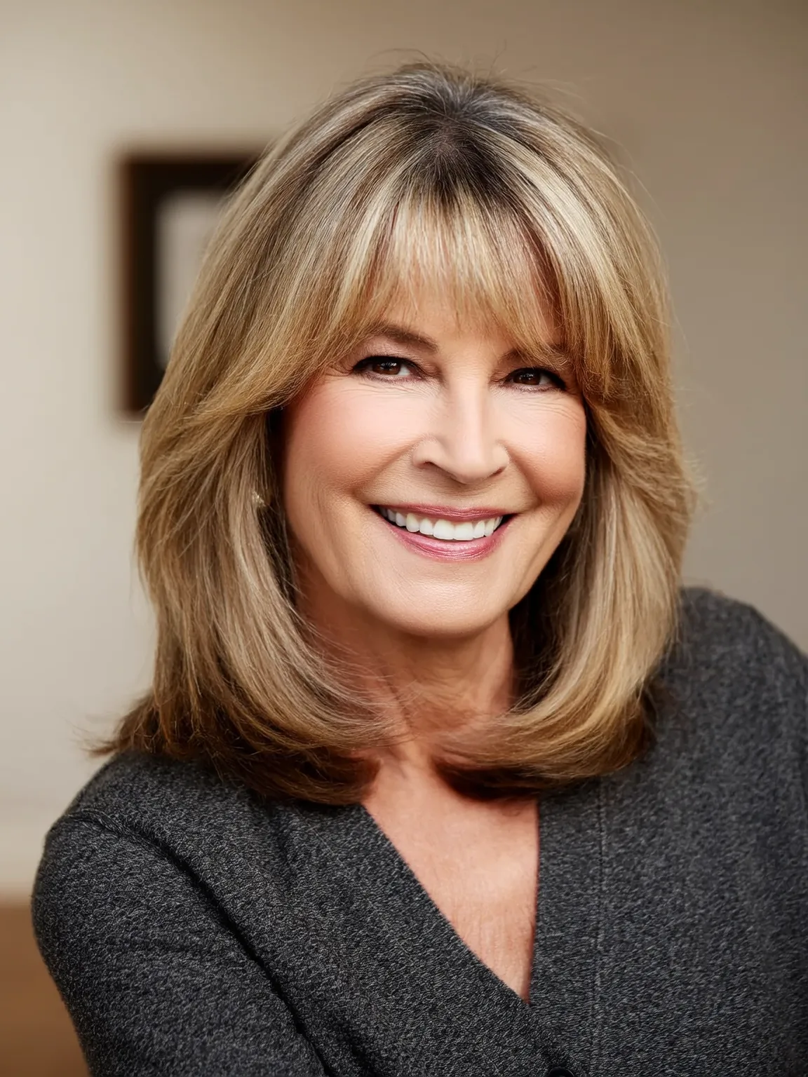 Feathered Shoulder-Length Style with Warm Caramel Highlights